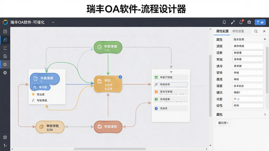 主体:瑞丰OA软件可视化流程设计器界面,画布上有多个审批节点通过箭头连接,右侧有属性配置面板,布局为编辑器样式,排版整齐,风格现代,细节包括彩色节点、连接线、表单字段,画质干净无多余元素,界面顶部显示“瑞丰OA软件-流程设计器”字样。