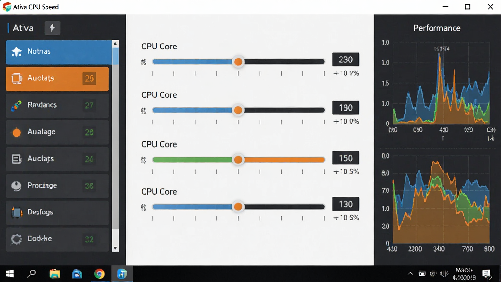 ��������ΪAtiva CPU Speed���������棬����������ʾ�ĸ�CPU���ĵ�Ƶ�ʻ��飬ÿ���������ж�����ֵ��ǩ�����ֲ������ҶԳ���ƣ����Ϊ��о�б����Ҳ�Ϊʵʱ����ͼ�����Ű�ǿ����������ư�ť�������ԣ���ɫ���ֻ�Ծ��ǻ�Ծ���ġ����Ϊ��ƽ��UI��ƣ���ɫ���ɫ������׺��ϸ�ڰ��������ϵİٷֱȿ̶ȡ��ײ�����������ͼ�����ʸ��壬����ɾ��޶���Ԫ�ء�