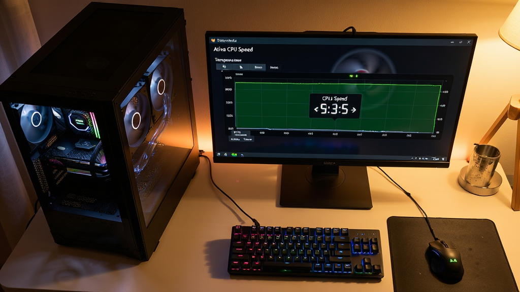 ��������Ϊһ�ŵ��������ڷ���̨ʽ����������ʾ������ʾ����Ļ��ʾAtiva CPU Speed�����棬�¶�����ƽ�ȡ�����Ϊ�����ӽǣ������͸���ɼ�ˮ��ɢ�������Ű潫�����¶���ֵ������Ļ���룬��ɫָʾ�����𡣷��Ϊдʵ������Ӱ��ůɫ�ƹ��Χ��ϸ�ڰ������̱��⡢�����������������ת��ģ�������ʳ��壬�ɾ��޶���Ԫ�ء�