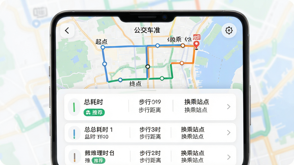 ���壺�ֻ�����չʾ��������׼���Ļ��˷���ҳ�棬��ͼ�ϱ����㡢�յ�������Ƽ�·�ߡ����֣���ͼռ�ϰ벿�֣��·��б�չʾ��ͬ�������Ű棺������Ƭ������ʾ�ܺ�ʱ�����о����뻻��վ�㡣��񣺽�����ˬ����ͼ��ɫ��͡�ϸ�ڣ��Ƽ��������С��Ƽ�����ɫ��ǩ����·��ɫ�������ԡ����ʣ����壬�ɾ����޶���Ԫ�ء�