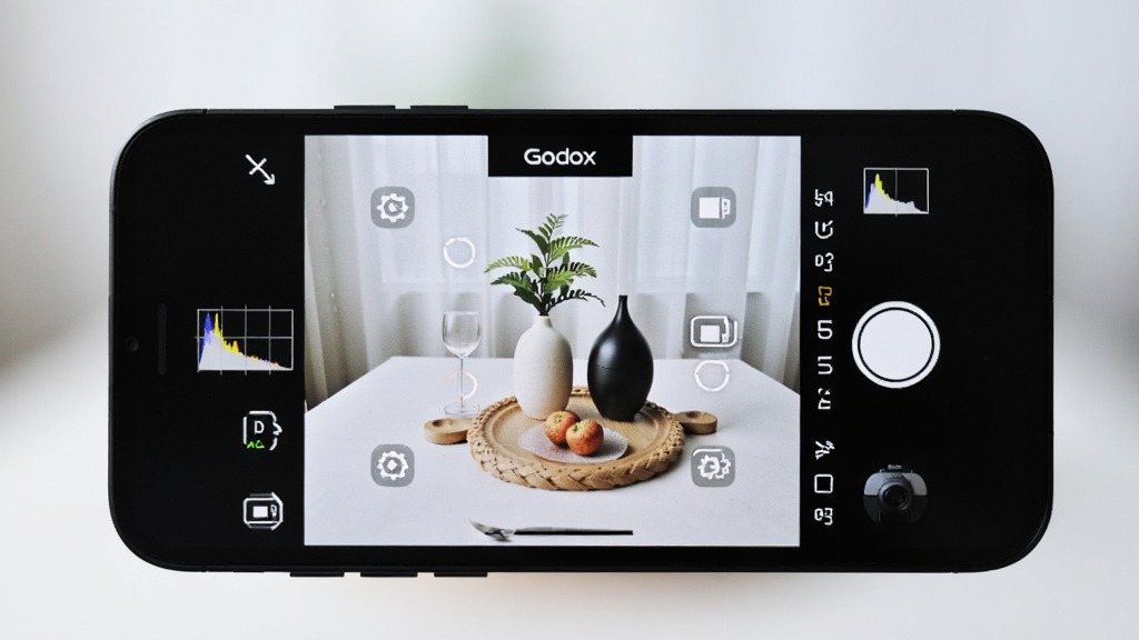 Godox Cam����ʵʱȡ�����ܻ��棬�ֻ���Ļ��ʾ�������ľ��ﻭ�棬��Ļ��Ե��ֱ��ͼ��������ͼ�꣬����Ϊ�ֻ����棬���־��У�����Լ�ִ���ǿ����Ļ��ʾϸ�ڣ����������������黯�ɾ�
