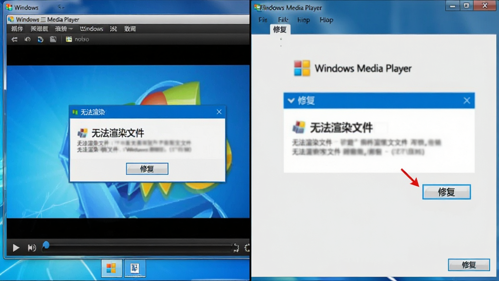主体:一张电脑屏幕截图,显示Windows Media Player正在播放视频,但画面出现错误提示框,旁边有一个安装界面,用户正在点击“修复”按钮,布局:分屏构图,左侧为播放器错误画面,右侧为修复界面,排版:对比鲜明,风格:教学指导、清晰,细节:错误提示框内容模糊但可见“无法渲染文件”字样,画质:清晰,干净,无多余元素。