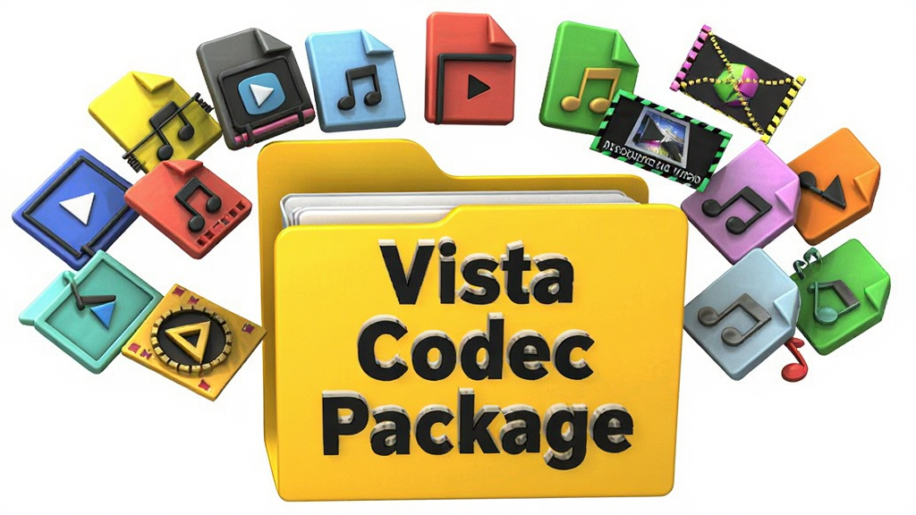 主体:一个巨大的黄色文件夹图标,上面印有“Vista Codec Package”字样,文件夹打开后向外涌出各种彩色多媒体文件图标,包括视频、音频、字幕文件,布局:居中,文件夹为主体,文件图标呈扇形展开,排版:饱满有序,风格:3D渲染、活泼,细节:每个文件图标都清晰可辨,光影效果逼真,画质:高分辨率,干净,无多余元素。
