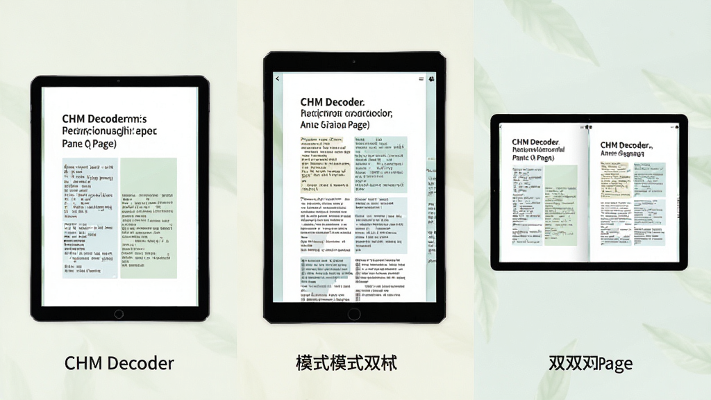 主体:CHM Decoder阅读视图切换演示,同一文档分别以单页、滚动、双页三种模式展示。布局:三台设备并排显示,分别呈现不同视图。排版:对比式布局,每台设备下方标注模式名称。风格:清新自然,浅色背景。细节:界面字体清晰,色彩柔和,画质干净,无多余元素。