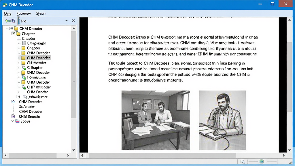 主体:CHM Decoder软件界面截图,展示打开的CHM电子书内容,左侧目录树,右侧正文区域。布局:界面分为左右两栏,左侧为章节列表,右侧显示文字和图片。排版:现代简约的Windows软件窗口风格,标题栏显示