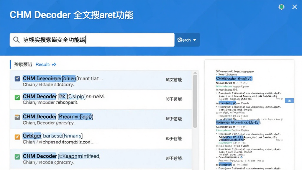 主体:CHM Decoder全文搜索功能截图,搜索框输入关键字,下方显示匹配结果列表。布局:上方搜索栏,下方结果列表,右侧为文档预览。排版:简洁的搜索结果页。风格:清爽的蓝白配色。细节:高亮显示匹配词,画质清晰,干净,无多余元素。