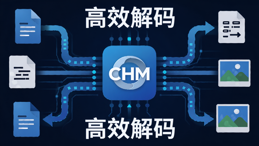 主体:CHM Decoder解码引擎工作示意图,展示文件被快速分解并解析为文字和图片。布局:中央为软件Logo,四周环绕数据流和文件图标。排版:科技感的信息图,蓝色调为主。风格:现代扁平化风格,动感十足。细节:标注