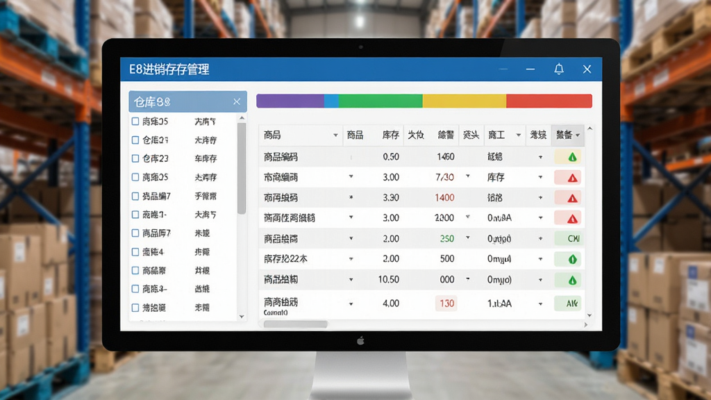 画面主体为电脑屏幕上的E8进销存管理软件库存界面,左侧是仓库列表,右侧为商品库存表格,上方有彩色库存预警条,背景为模糊的仓储货架,整体排版清晰、风格简洁,以蓝色和白色为主色调,细节展示商品编码、库存数量和预警状态,画质干净、无多余元素