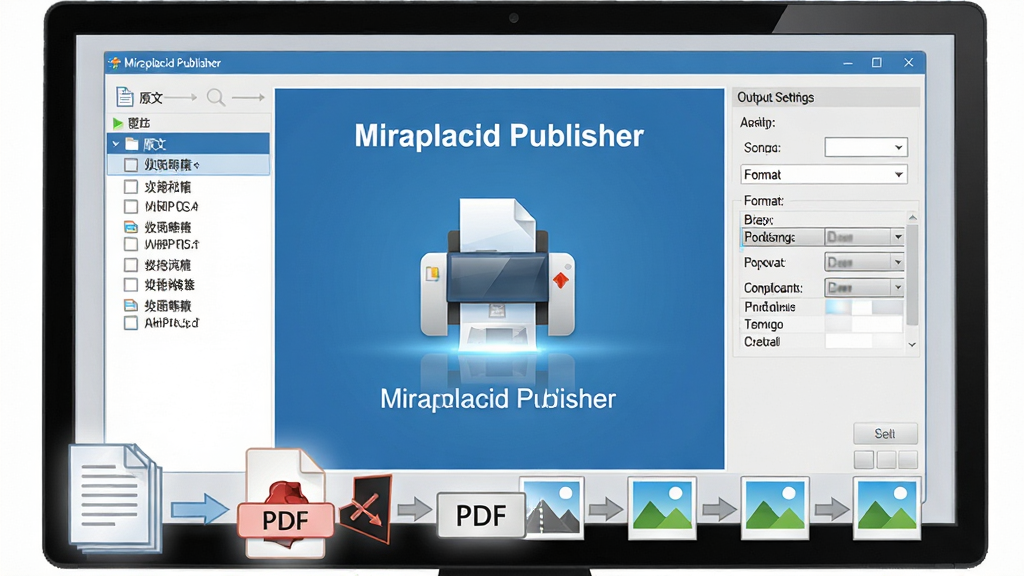 ���壺һ̨�����еĵ�����ʾ������ʾ����Miraplacid Publisher�����������棬����������չʾ�����ӡ��ͼ�����ʽת��ѡ���б������֣����й�ͼ����������ռ����Ļ���·���ֽ����PDF�ļ�ͼ����ɵ�ͼƬ��ʽ��Сͼ���������Ű棺���洰�ڸɾ����࣬���ܰ�ť�����������Ϊԭ�ĵ��б����Ҳ�Ϊ���������壻����ִ���ƽ����ƣ���ɫ���ɫΪ��ɫ��������ǳ��ɫ������ϸ�ڣ��������������ɶ����ص�ͻ����Miraplacid Publisher�������������ӡ����־��ֽ���ϴ���΢�ⷴ��Ч�������ʣ�������Ⱦ���ɾ��޶���Ԫ�أ��ʺ���Ϊ�ٷ���Ʒչʾͼ��