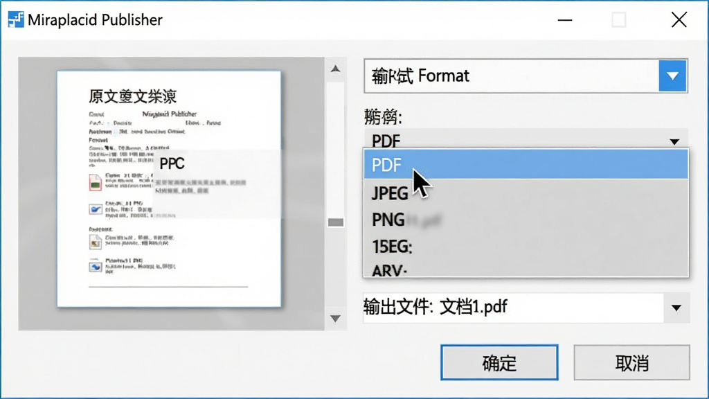 ���壺һ�ŵ�����Ļ��ͼ����ʾ��Miraplacid Publisher����ӡ�Ի��������˵����г����������ʽ�硰PDF������JPEG������PNG�������֣����Ϸ�Ϊԭ�ĵ�����ͼ���Ҳ�Ϊ��ʽѡ�������·�Ϊ��ȷ�����롰ȡ������ť���Ű棺������ˬ��ѡ���������룬��ʽ����ʹ�ú�ɫ�Ӵ����壻�����ʵ��UI��ƣ�Windows 10���ǳɫ���⣻ϸ�ڣ������ָ��PDF��ѡ������и����߿�����ļ�����ʾ���ĵ�1.pdf�������ʣ�������Ȼ���޶���Ԫ�أ��ʺϷ���̳�ҳ�档
