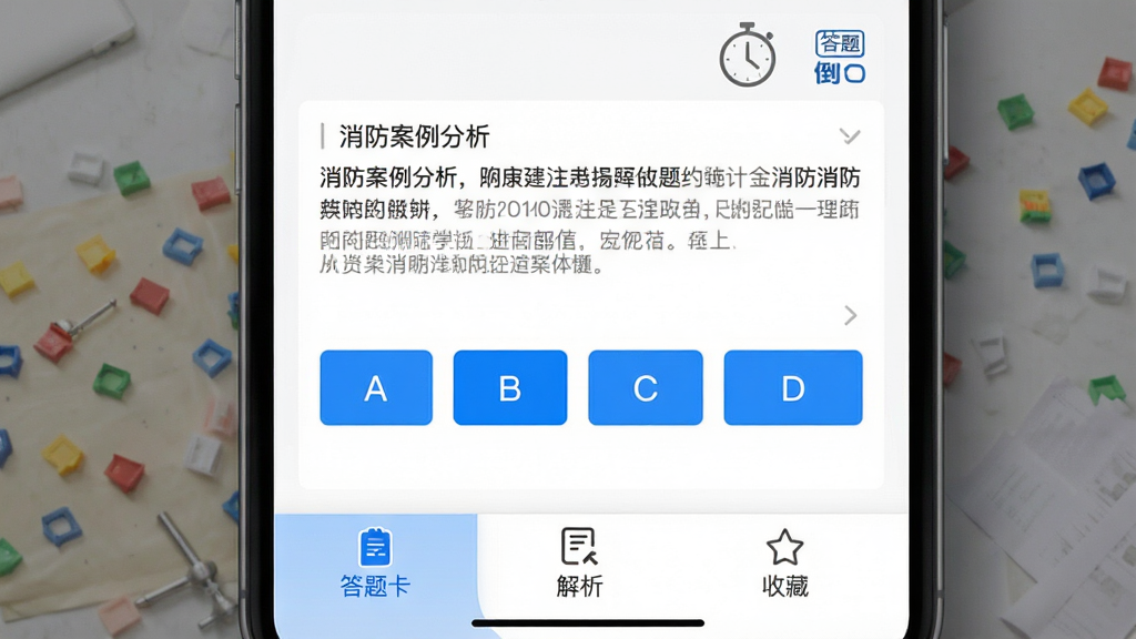ͼƬչʾע������ʦApp������ҳ�棬��Ļ������ʾһ���������������⣬�·���A��B��C��D�ĸ�ѡ�ť�����Ͻ���ʾ����ʱ�ʹ��⿨ͼ�꣬�ײ�������ͻ�������⿨�������������ղء����ܣ������԰�ɫΪ��������ɫ����ѡ��ѡ��Ű��������������дʵ��࣬���ʸ��壬�޶���Ԫ�ء�