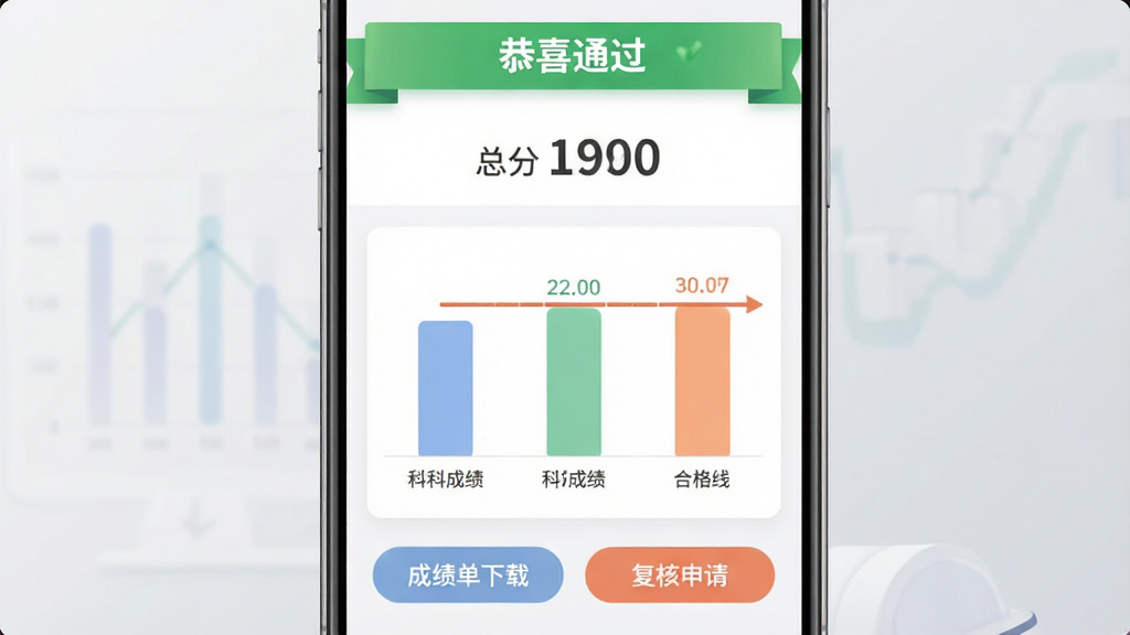 ͼƬչʾע������ʦApp�ĳɼ���ѯ������棬������ʾ����ϲͨ������ɫ������ܷ����֣��·�����״ͼ�ֱ�չʾ���Ƴɼ���ϸ��ߣ��ײ��С��ɼ������ء��͡��������롱��ť����������ǳ��ɫ���䣬���ݿ��ӻ����ͼ����ɫ��ͣ����������޶���Ԫ�ء�
