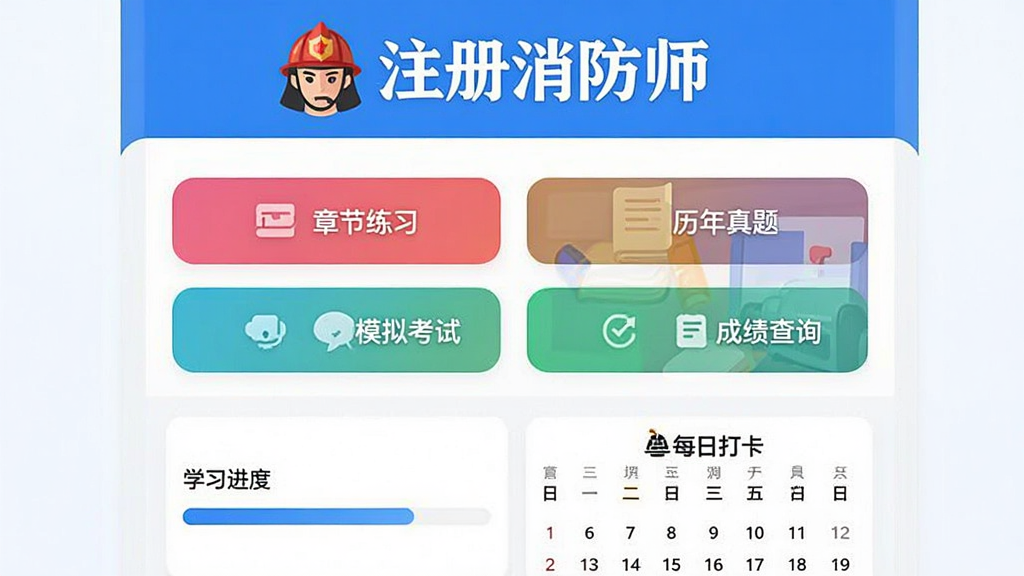 ͼƬչʾע������ʦApp�����棬�Ϸ���ʾ��ע������ʦ��Ʒ������������Աͼ�꣬�в�Ϊ���ܲ˵����񲼾֣��������½���ϰ�����������⡱��ģ�⿼�ԡ����ɼ���ѯ���ĸ���ɫԲ�ǰ�ť���·�Ϊѧϰ��������ÿ�մ�����������UI���������������������ɫ������ƽ����ƣ����������ɾ����޶���Ԫ�ء�