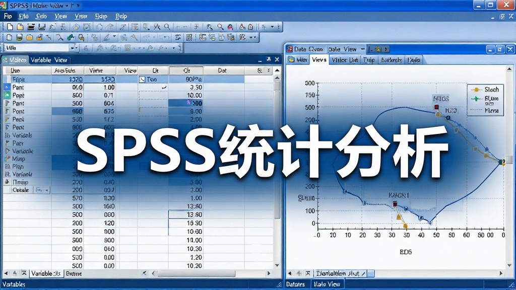 一张展示SPSS软件主界面的高清图片,布局呈现数据表格与图表分析窗口,风格简洁专业,细节包括菜单栏、变量视图和数据视图标签,画质清晰干净,无多余元素,图片中央显示白色文字“SPSS统计分析”,整体色调为蓝色与白色搭配