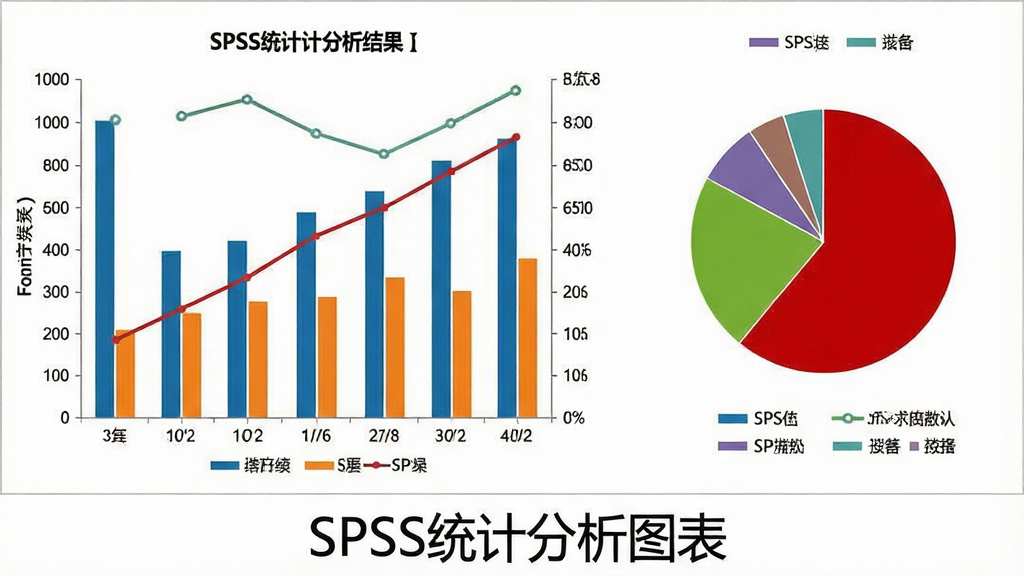 一张展示SPSS统计分析结果的图表,包含柱状图、折线图和饼图的混合排版,风格商务专业,细节有坐标轴标签和图例,画质清晰干净,图片下方标注“SPSS统计分析图表”
