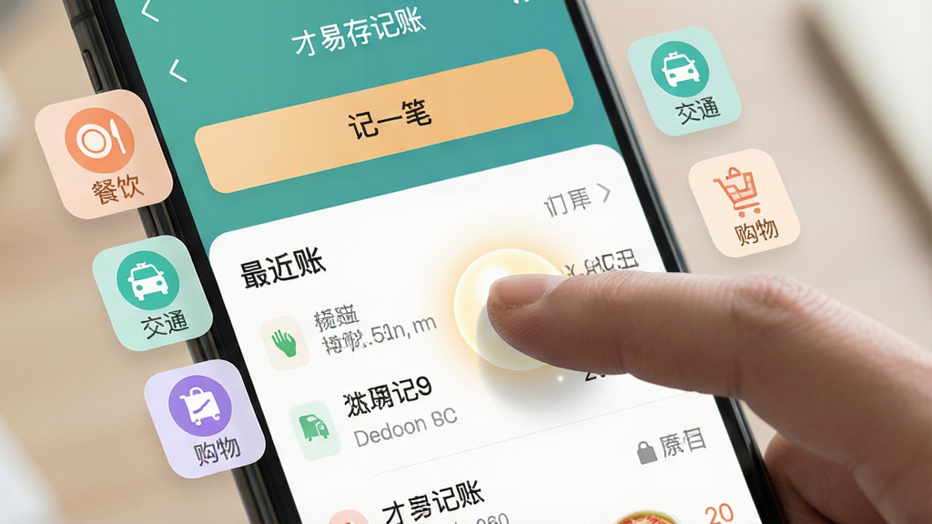 主体:一只手正在点击手机上的才易存记账APP记账界面;布局:手机屏幕占据画面主体,旁边有悬浮的“餐饮”、“交通”、“购物”等分类图标;排版:屏幕上方显示“记一笔”按钮,下方列出最近账目;风格:写实与UI结合,色彩柔和;细节:手指点击位置有高光反馈,界面文字清晰可读;画质:细腻真实,干净无多余元素。