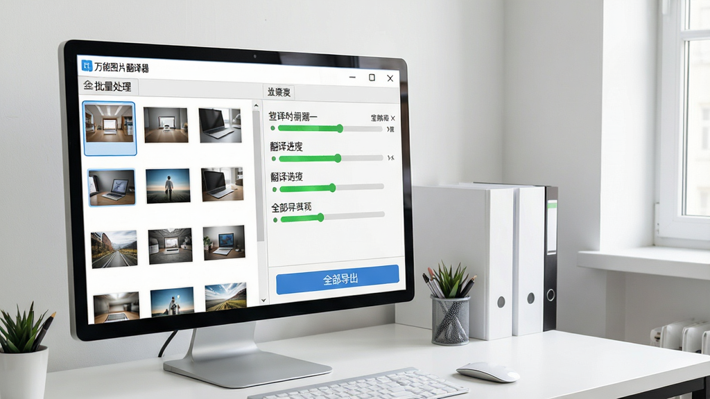 电脑桌面上显示“万能图片翻译器”批量处理界面,左侧列表中有多张待处理图片缩略图,右侧实时滚动显示翻译进度条,界面底部有“全部导出”按钮,场景为办公室一角,光线充足,布局整洁,风格商务简约,细节清晰,画质干净,无多余元素