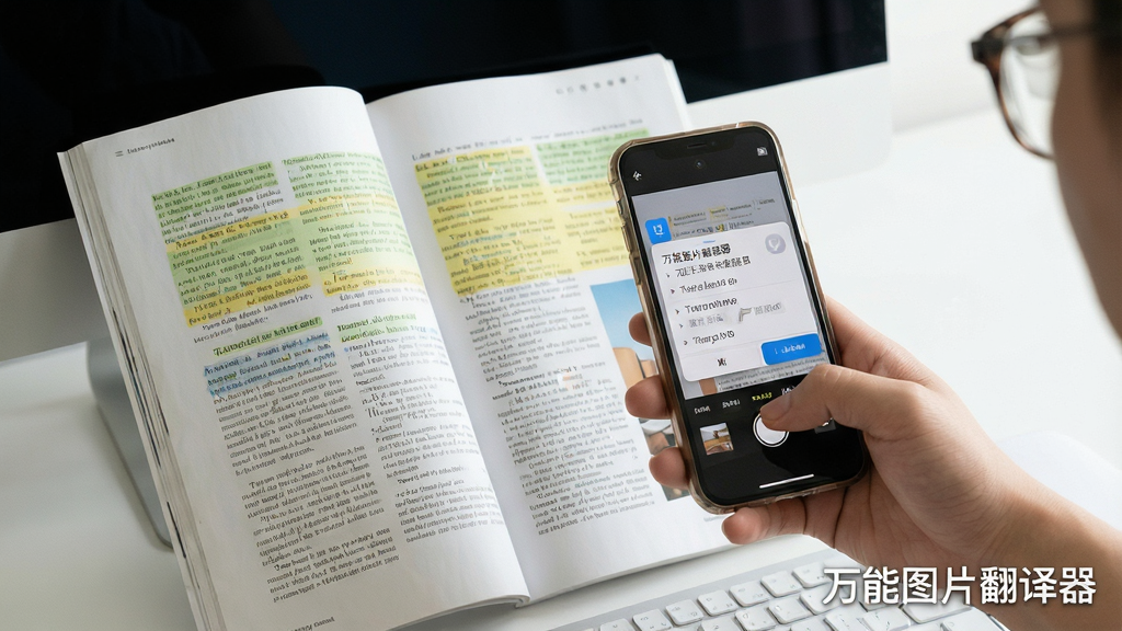 电脑屏幕前摆放着一本翻开的外文杂志,用户手持手机对准页面拍照,屏幕上立即高亮识别出所有文字区域,并弹出翻译结果浮窗,软件名称“万能图片翻译器”以水印形式显示在界面右下角,场景明亮自然,布局和谐,风格写实,细节丰富,画质清晰,干净无多余元素
