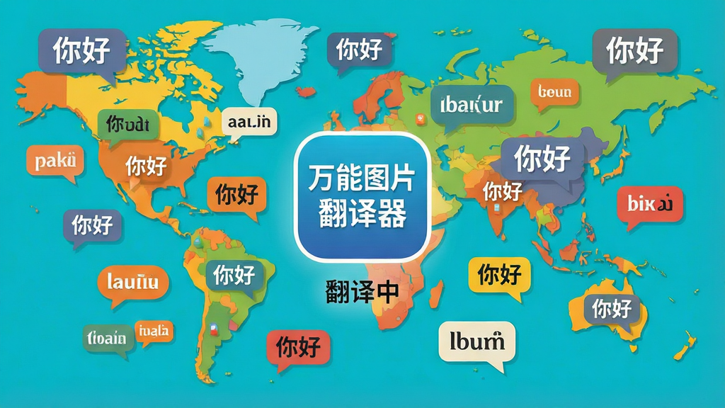 一张世界地图为背景,地图上散布着多种语言的气泡框,画面中心悬浮着“万能图片翻译器”图标,图标下方有“翻译中”字样,周围环绕着各种语言的“你好”文字,风格扁平化,色彩鲜艳,布局对称,细节精致,画质高清,干净无多余元素