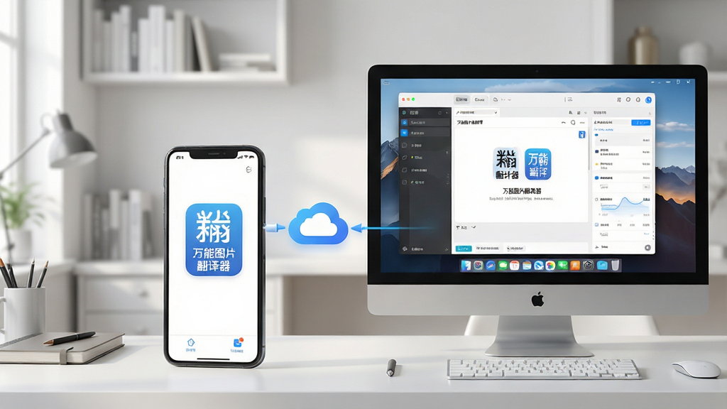 智能手机与电脑并排摆放,手机屏幕显示“万能图片翻译器”移动端界面,电脑屏幕显示同一软件的桌面版界面,两者通过云同步图标连接,背景为现代简约书房,光线柔和,布局清爽,风格写实,细节丰富,画质高清,干净无多余元素