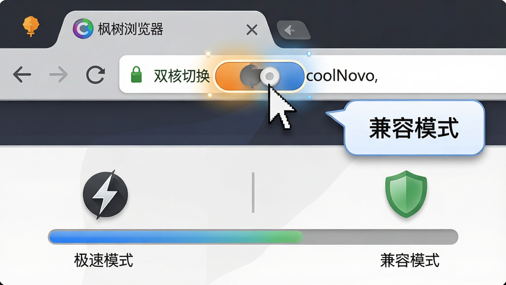 主体:枫树浏览器(CoolNovo)双核切换功能特写,鼠标指针悬停在切换按钮上,页面右侧弹出“兼容模式”提示气泡。布局:画面分为上下两部分,上方是浏览器工具栏与地址栏,下方是页面加载进度条对比,左侧为极速模式下的闪电图标,右侧为兼容模式下的绿色盾牌图标。排版:元素对比鲜明,按钮高亮发光,气泡文字清晰。风格:扁平化与拟物结合,细节丰富,画质干净,无多余元素。