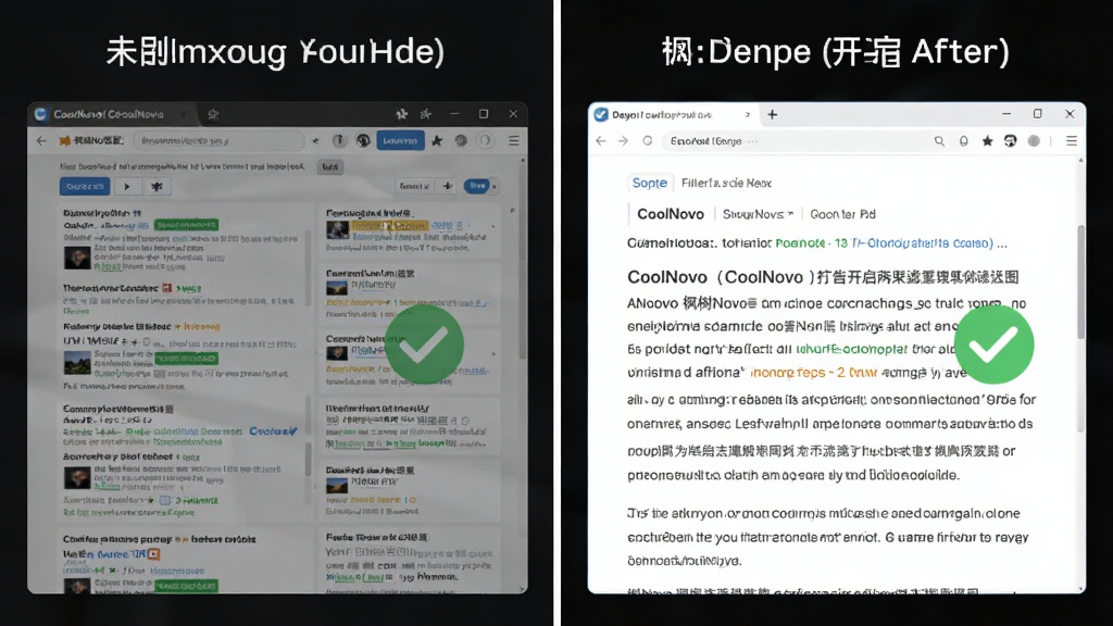 主体:枫树浏览器(CoolNovo)的广告过滤效果对比图,左侧为未开启过滤时的杂乱广告界面,右侧为开启过滤后的干净阅读界面。布局:左右分栏对比,中间以白色竖线分隔,左侧灰色调,右侧明亮色调。排版:过滤后的区域突出显示正文内容,并带有绿色对勾图标。风格:对比示意图,干净整洁,细节清晰,画质高。