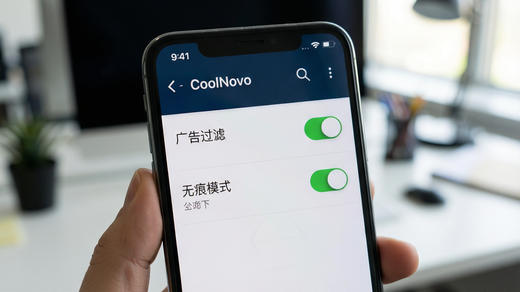 主体:枫树浏览器(CoolNovo)在手机上的使用场景,屏幕显示设置界面,包含“广告过滤”与“无痕模式”开关。布局:手机屏幕特写,背景为模糊的办公环境,手机屏幕内容清晰可见。排版:开关按钮为绿色,处于开启状态,列表项文字为黑色。风格:真实摄影风格,干净整洁,细节丰富,画质清晰。
