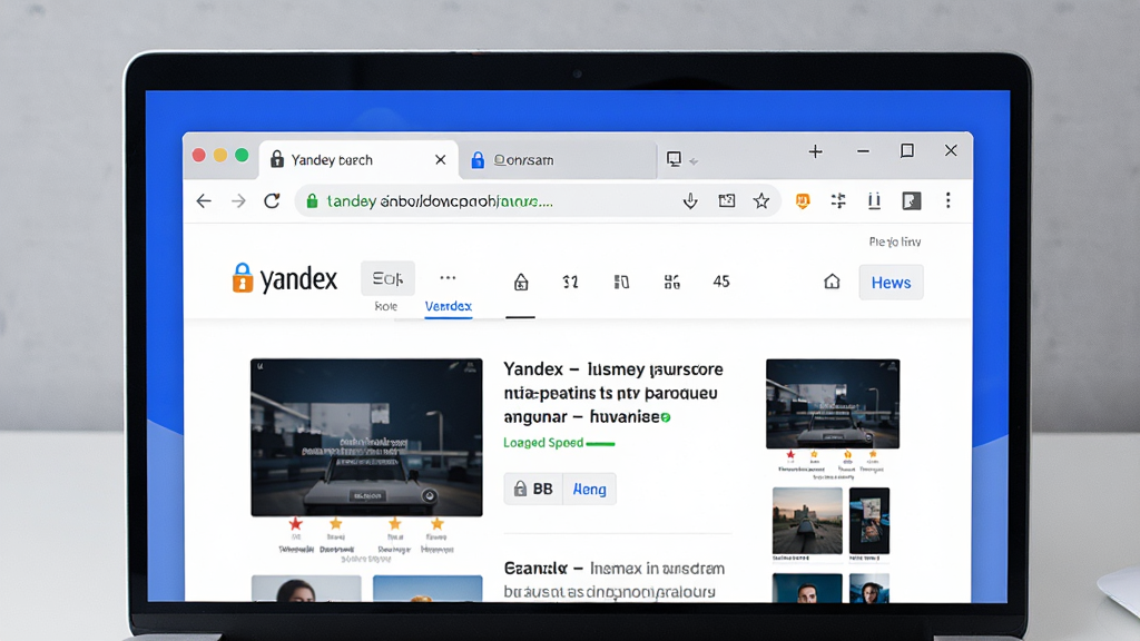���壺Yandex�����������չʾ��һ̨�ִ��ʼǱ�������Ļ�ϣ�����Ϊǳ��ɫ���档���֣���������ھ��У�������ʾ��ַ���ͱ�ǩҳ��ҳ������Ϊ������������ҳ���Ű棺�����࣬��ǩҳ�͹������������룬ҳ�����������ɶ�����񣺱�ƽ����ƣ�ɫ���԰�ɫ����ɫΪ�������������ɾ���ϸ�ڣ���Ļ����ʾYandex�������Logo����ַ��������ͼ�꣬ҳ������ٶ�ָʾ��Ϊ��ɫ�����ʣ����壬ϸ�ڷḻ���޶���Ԫ�ء�