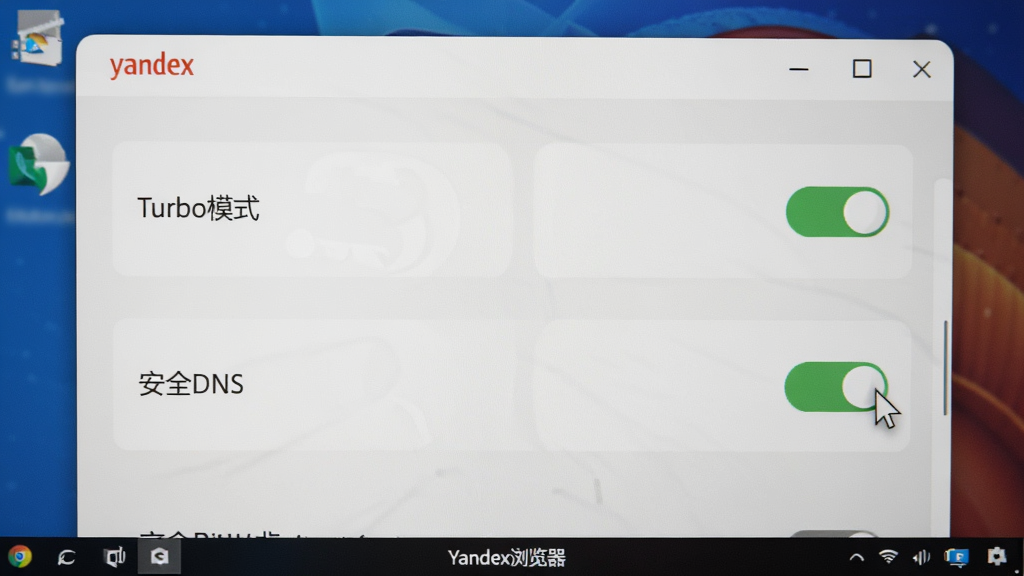 ���壺Yandex��������ý����ͼ����ʾ��Turboģʽ���͡���ȫDNS�����أ�����Ϊ���档���֣�����ҳ��������ѡ���������롣�Ű棺����״̬���ԡ������ʵ��ͼ��񣬹���������ϸ�ڣ����ָ��ָ��Turbo���أ���Ļ�·��С�Yandex����������������ʣ��������޶���Ԫ�ء�