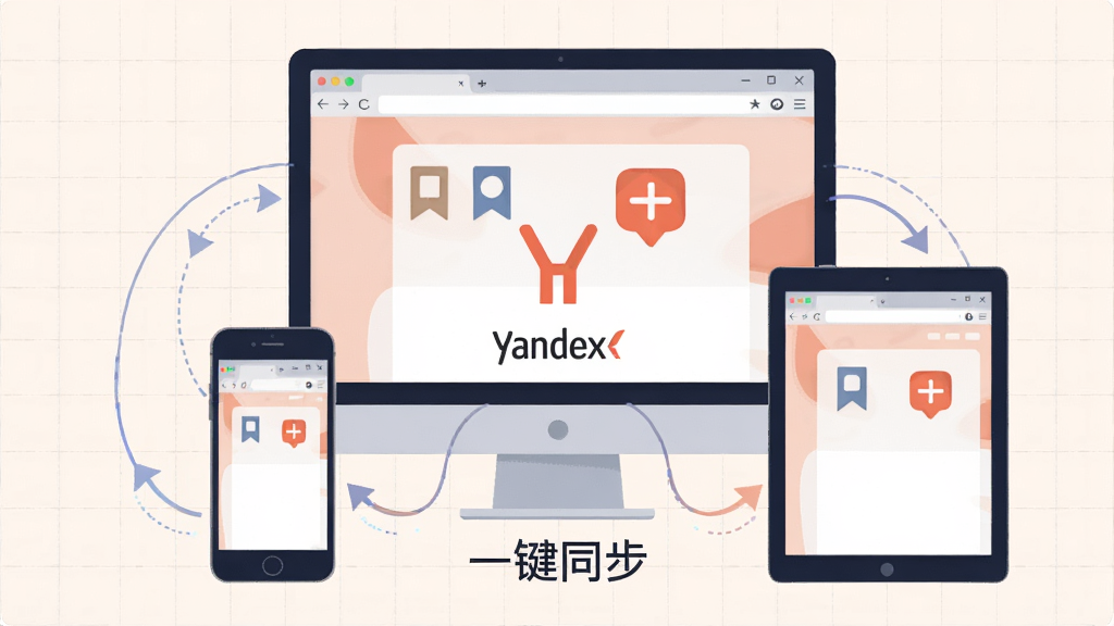 ���壺Yandex��������豸ͬ��ʾ��ͼ��չʾһ̨���ԡ�һ���ֻ���ƽ�壬��Ļ������ͬ����������档���֣���̨�豸�ʻ������У����������������ӡ��Ű棺�豸��Ļ����ʾ��ǩ������ͼ�ꡣ����ִ���ƽ�廭������Ϊǳɫ����ϸ�ڣ��豸��Χ��ͬ����ͷ��������Yandex�����Logo����ע��һ��ͬ���������ʣ�������ɫ����ͣ��޶���Ԫ�ء�