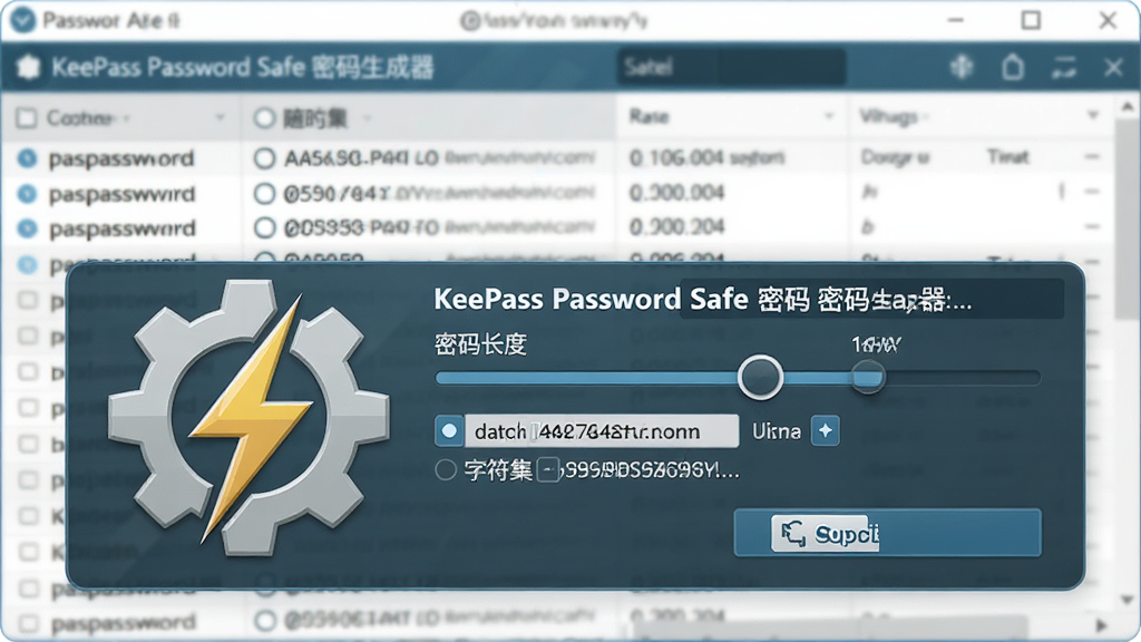 ����ΪKeePass Password Safe���������������ܽ��棬ǰ����һ������������ͼ���ϵĿ�����壬�������ʾ���볤�Ȼ������ַ���ѡ�������ģ���������б������ֱ������ҽṹ���Ű����࣬���Ƽ��У�ϸ�ڰ�����������ַ����븴�ư�ť�����ʸɾ��޶���Ԫ�أ�ͼ�����ֱ�עΪ