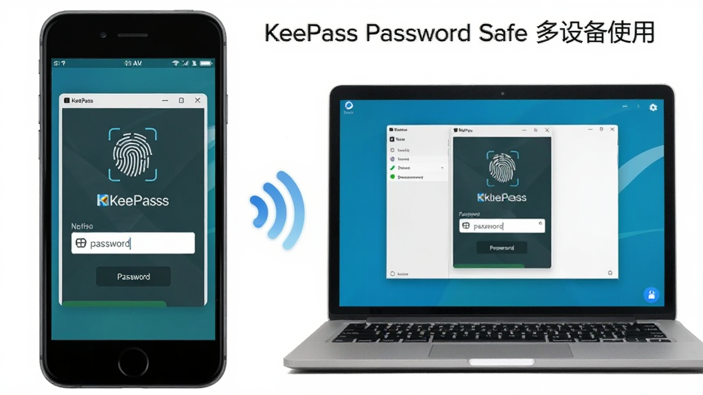 ����ΪKeePass Password Safe�ڲ�ͬ�豸�ϵ�ʹ�ó��������������һ�������ֻ����Ҳ���һ̨�ʼǱ����ԣ�������Ļ����ʾKeePass Password Safe�Ľ������棬�м�����������ͼ�꣬���ֲ������ҶԳ�ʽ���Ű���дʵ��ϸ�ڰ���ָ��ͼ������������򣬻��ʸɾ��������޶���Ԫ�أ�ǿ�����豸ͬ�����ݽ�����ͼ�����ֱ�עΪ