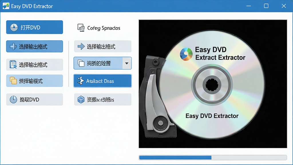 ���壺һ����Ϊ��Easy DVD Extractor����DVDץȡ�������棬��ʾ�����ڣ���������DVD������ѡ�������ʽ���Ȱ�ť���Ա���һ��DVD�������ڱ���ȡ�����֣������࣬���Ϊ�����б����Ҳ�ΪԤ�����ڡ��Ű棺�ɾ����룬��ť����������ִ���ƽ����ƣ�ɫ��������Ϊ����ϸ�ڣ�DVD������ӡ�С�Easy DVD Extractor����������������ʾת�������������ʣ�������Ⱦ���ɾ����޶���Ԫ�ء�
