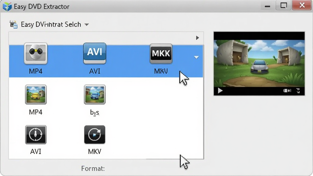 ���壺��Easy DVD Extractor���������棬չʾ�����ʽѡ��˵��������б�����MP4��AVI��MKV��ͼ�ꡣ���֣�����ͻ����ʽ�б����Ҳ���Ԥ��С�����Ű棺�б�������ͼ��ֱ�ۡ�����ִ�UI��ǳ�ұ�������ɫ����ѡ���ϸ�ڣ�ÿ����ʽͼ���±�ע���ƣ������ͣЧ���ɼ������ʣ��ɾ����޶���Ԫ�ء�