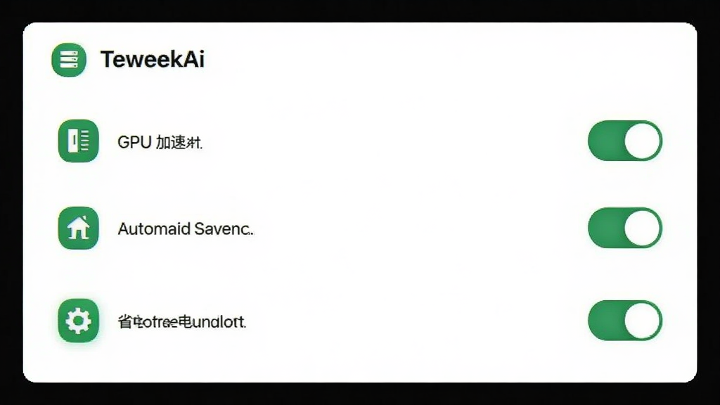 չʾTeweekAi�����ý��棬����GPU���١��Զ����桢ʡ��ģʽ��ѡ�����Ϊ��ɫ��ͼ��Ϊ��ɫ������࣬����������ϸ��ͻ�����ذ�ť�����ʸɾ���