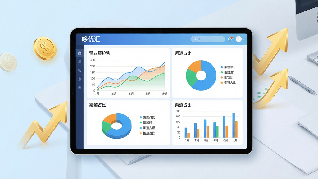 ����Ϊһ�����ƽ�����չʾ���Ż�ı����������棬��Ļ����ɫ�ʷḻ������ͼ����ͼ����״ͼ����Χ�����Ž����������ͷԪ�ء����ֲ��ø��ӽǶȣ�ƽ����У�����Ϊ�ɾ��İ칫���档�Ű�������Ƽ�������ǳ�����䡣ϸ��ǿ��ͼ�����������ɶ�����ע��Ӫҵ�����ơ�������ռ�ȡ������������ʾ��£��ɾ��޶���Ԫ�ء�