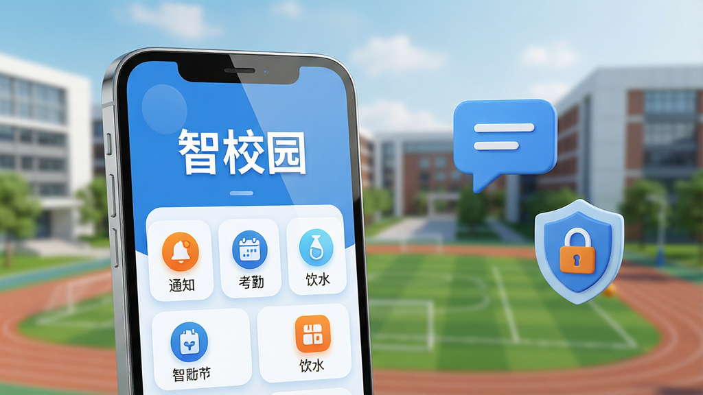 主体:一部亮着屏幕的智能手机,屏幕上清晰显示“智校园”APP主界面,背景是虚化的现代化校园建筑与绿荫操场。布局:手机位于画面中央偏左,右侧留白处悬浮着代表家校互通的对话气泡和代表校园安防的盾牌图标。排版:采用科技感的信息层叠排版,主标题“智校园”以简洁的无衬线体呈现于屏幕上方,下方整齐排列功能图标。风格:扁平化结合轻微3D质感,整体色调以清新的蓝色和白色为主,辅以活力的橙色点缀。细节:画面中应体现APP内“通知”、“考勤”、“饮水”等核心功能模块的图标,屏幕反光自然。画质:高清,渲染细腻,干净无多余元素。