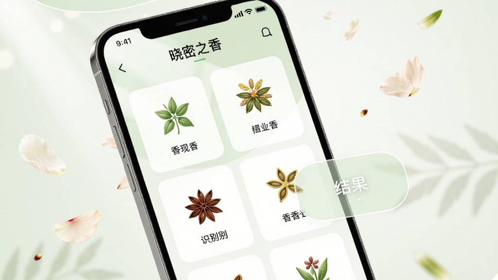 画面主体为手机屏幕上的“晓密之香”香气识别界面,屏幕中展示着多种香料植物的图标与名称,背景为柔和的光影与飘散的花瓣,布局采用网格排版,风格简约现代,色调以浅绿色与白色为主,细节上突出识别结果的卡片设计,画质干净清晰,无多余元素。