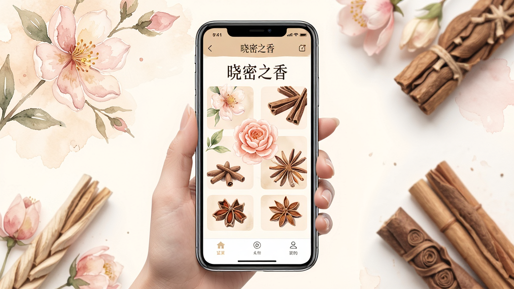 画面主体为一位优雅的女性正在使用手机应用“晓密之香”,手机屏幕中显示着精美的花朵与香料图案,背景为淡雅的水彩花卉与木质香材,布局采用居中对称构图,整体风格清新自然,色调以暖米色与淡粉色为主,细节上突出屏幕中的“晓密之香”字样与界面元素,画质细腻干净,无多余元素。