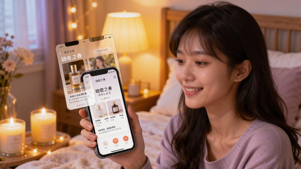 画面主体为一位年轻女性在温馨的卧室中使用“晓密之香”应用查看推荐香氛,背景为柔和的灯光与散落的香薰蜡烛,布局采用黄金分割构图,风格温馨浪漫,色调以暖黄色与淡紫色为主,细节上展现手机界面的推荐内容与用户微笑的表情,画质细腻柔和,无多余元素。