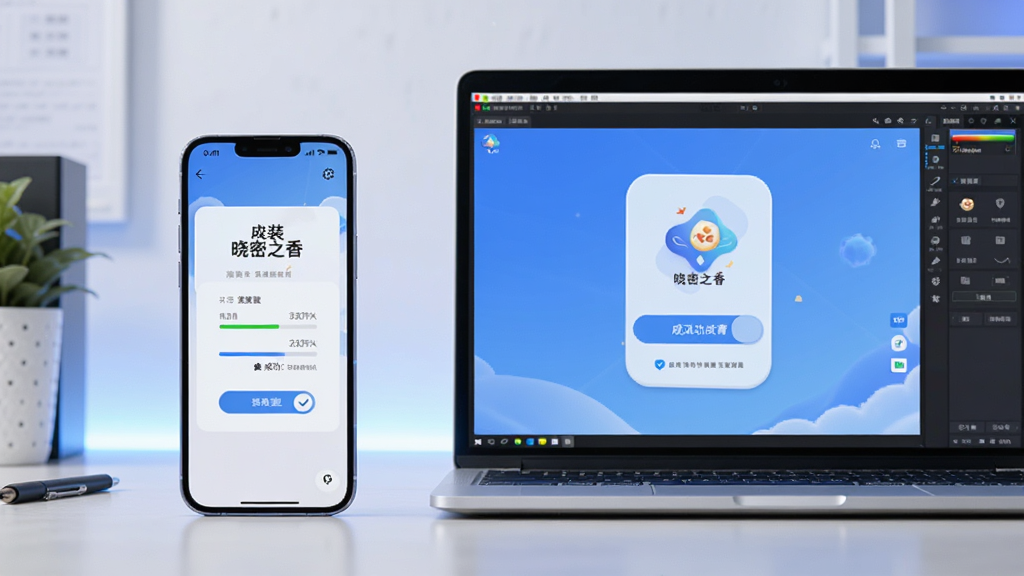 画面主体为一部智能手机与一台笔记本电脑并排摆放,手机屏幕中显示“晓密之香”的安装界面,电脑屏幕显示模拟器运行该应用的画面,背景为简洁的办公桌面,布局采用对称平衡构图,风格科技现代,色调以蓝白为主,细节上突出安装进度条与成功提示,画质干净明亮,无多余元素。