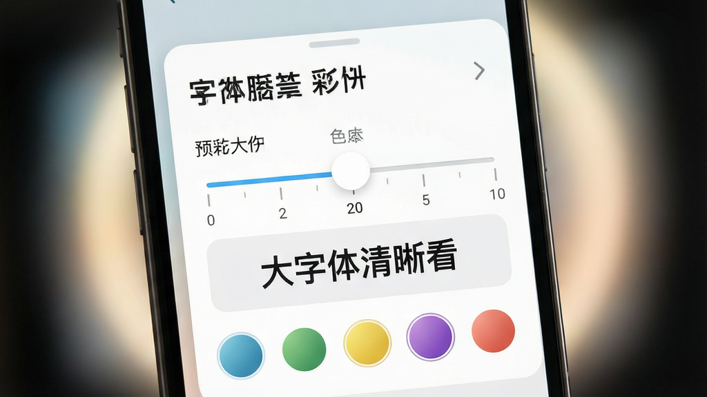 主体:手机上展示大字体清晰看的设置界面,包含字体大小滑动条和色彩方案选择。布局:屏幕中央为设置面板,周围有柔和的光晕。排版:滑动条下方有预览文字框,显示“大字体清晰看”字样。风格:扁平化设计,简约清新。细节:滑动条有数字刻度,色彩选项以圆形色块呈现。画质:高清,干净,无多余元素。