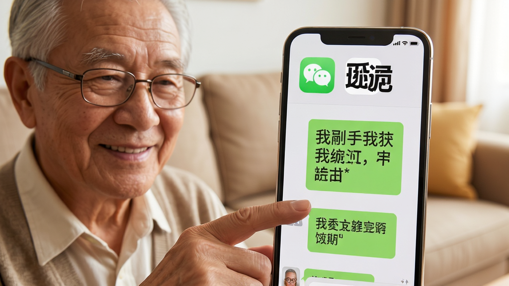 主体:一部智能手机屏幕显示微信聊天界面,文字被放大清晰显示,屏幕前有一位戴老花镜的老人满意微笑。布局:手机居中,老人位于左侧,背景为温馨的客厅沙发。排版:手机屏幕上有放大的文字气泡,上方显示大字体清晰看的应用图标。风格:写实温馨,色彩明亮柔和。细节:老人手指轻触屏幕,文字边缘平滑锐利。画质:高清,干净,无多余元素。