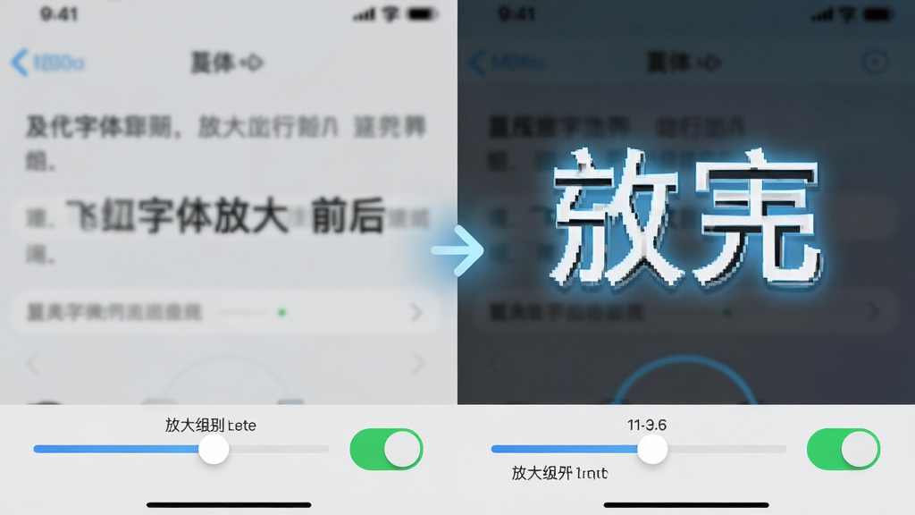 主体:手机设置界面展示字体放大前后对比,左侧小字模糊,右侧大字清晰。布局:左右分屏对比样式,中间有箭头指示。排版:屏幕下方有滑动条控件,标注放大级别。风格:简洁科技感,浅色背景。细节:大字旁有发光边缘,设置开关处于开启状态。画质:高清,干净,无多余元素。