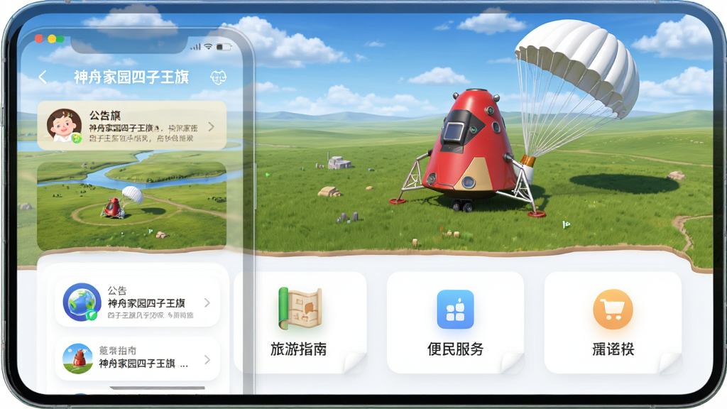 四子王旗草原风光与神舟飞船返回舱着陆场景的3D立体地图界面,前景是手机屏幕展示“神舟家园四子王旗”APP主页,上方显示蓝天白云下辽阔的杜尔伯特草原,远处有红色返回舱模型和白色降落伞,界面布局为卡片式信息流,包含公告栏、旅游指南、便民服务图标,整体风格清新明亮,细节丰富,画质高清,干净无多余元素