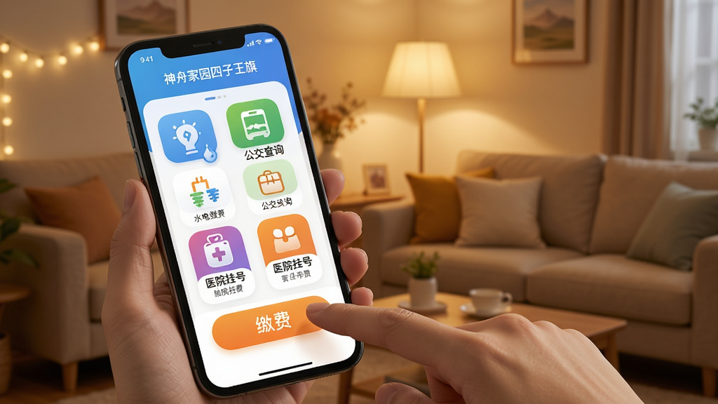 智能手机展示“神舟家园四子王旗”APP的便民服务页面,屏幕上有水电费缴纳、公交查询、医院挂号等彩色图标,手指正点击缴费按钮,背景为温馨的居民客厅环境,暖色调灯光,界面圆角卡片设计,细节真实,画质干净,无多余元素