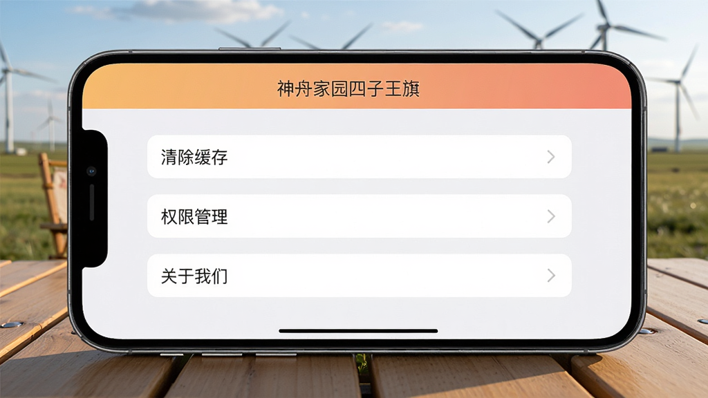 一张智能手机横屏截图,显示“神舟家园四子王旗”APP的设置页面,包含“清除缓存”、“权限管理”、“关于我们”等选项,手机放置在草原户外木桌上,背景有风力发电机,光线自然,界面风格简洁,细节清晰,画质干净,无多余元素