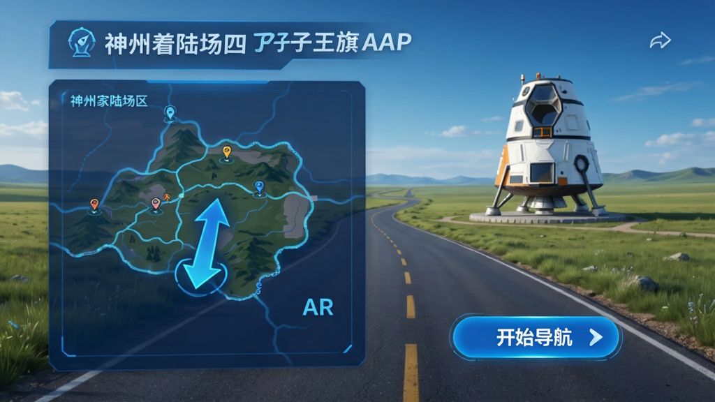 神舟家园四子王旗APP旅游板块界面,显示神舟着陆场景区地图与AR导航箭头,背景为草原公路与远处白色返回舱模型,界面有“开始导航”按钮,风格为科技感蓝色调,布局简洁,细节丰富,画质高清,干净无多余元素