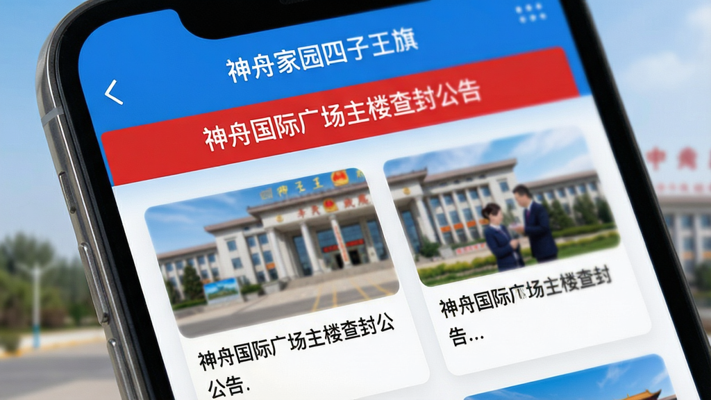 手机屏幕特写,显示“神舟家园四子王旗”APP的资讯列表页面,顶部有红色公告条标注“神舟国际广场主楼查封公告”,下方为图文卡片,背景虚化为四子王旗政府大楼,界面采用蓝白配色,布局清晰,文字可读性强,画质细腻,干净无多余元素