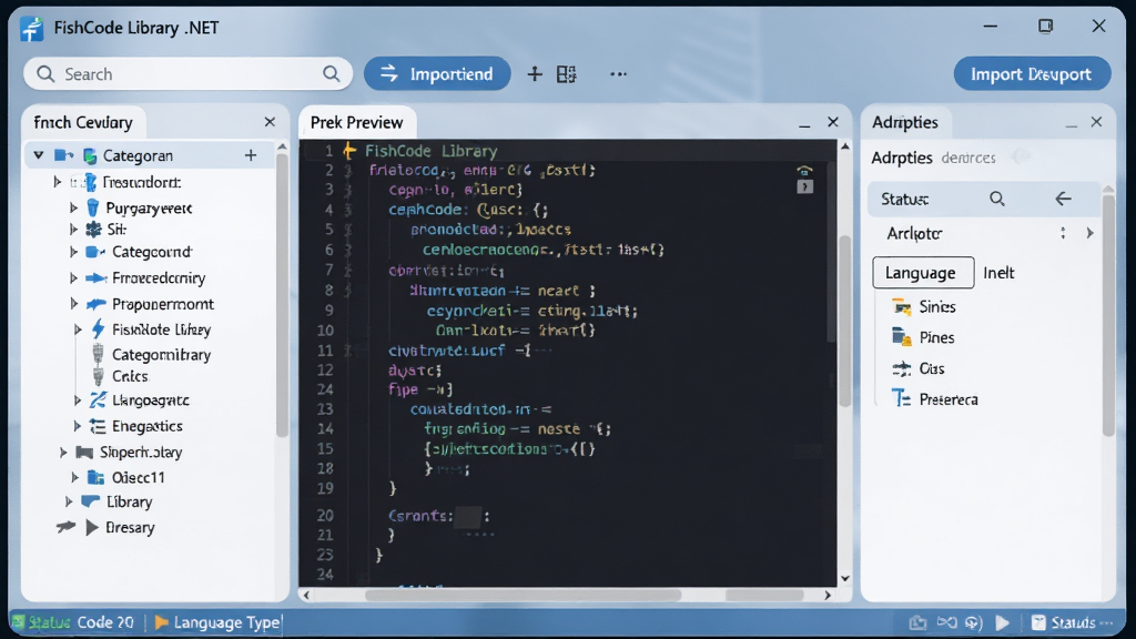 ���壺FishCode Library .NET��������չʾ�������ڰ��������������м����Ԥ�������Ҳ�������壻���֣�����������ʽ���棬������������������͵��뵼����ť���Ű棺�ִ��а�͸�����ڣ�Բ�ǿ�Ƭ��ƣ����������ʾ����񣺿Ƽ���Ϊ��ɫ������ƽ��UI�����ż�����ɫ����༭����ϸ�ڣ������к������ɼ�������ڵ�ͼ�꾫�£�״̬����ʾ�����������������ͣ����ʣ��߷ֱ�����Ⱦ���ɾ��޶���Ԫ��